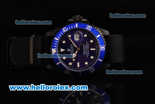 Rolex Submariner Automatic Movement PVD Case with Blue Dial - Blue Bezel and Black Nylon Strap - Click Image to Close